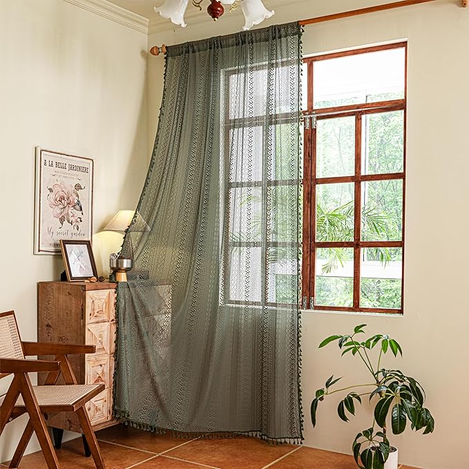 Sutuo Home Olive Green Boho Curtains 63 inches Long for Kitchen Bedroom, Crochet Lace Sheer Bohemian Hollow Knitted Tassels, Privacy Vintage French Retro Farmhouse, Rod Pocket 1 Panel 59" W x 63" L