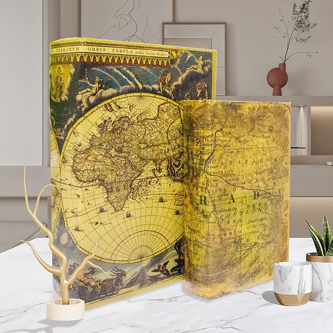 Decorative Book Box Set of 2, Trinket Keepsake Storage Boxes Book Shaped Storage Box Vintage Style Decorative Faux Books Boxes Globe Antique Books for Home Decoration Old World Map Pattern-Ruum Studio Home