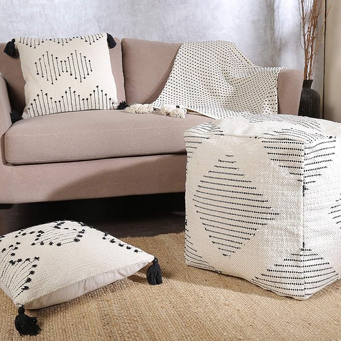 REDEARTH · UNSTUFFED Pouf Ottoman Cover Textured Boho Storage Square Home Decor Poof Pouffe Space Saver Footrest for Living Room, Bedroom, Nursery, Kidsroom; 100% Cotton (18"x18"x18"; Black)-Ruum Studio Home