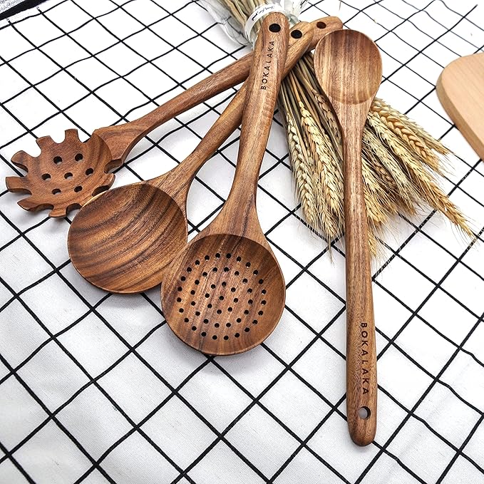 11 Pcs Wooden Kitchen Utensils Set - Wooden Spoons, Spatulas and More for Cooking-Ruum Studio Home