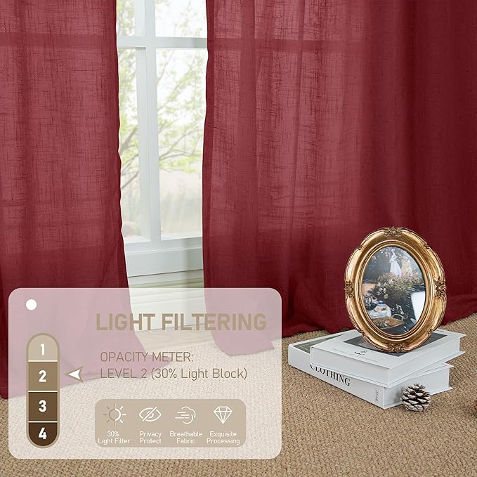 LAMIT Burgundy Red Linen Curtains 48 Inch Length 2 Panels, Light Filtering Semi Sheer Panels Bronze Grommet Christmas Decor Drapes for Small Windows/Kitchen/Bedroom, 34 x 48 Inch-Ruum Studio Home
