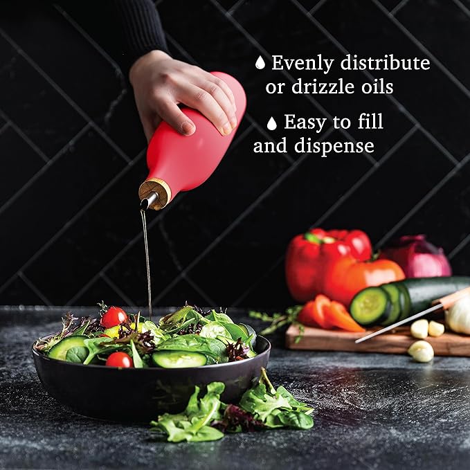 kitchentoolz Olive Oil Stoneware Dispenser Bottle, Ceramic 16 Oz Container for EVOO or Vinegar Kitchen Counter, Red-Ruum Studio Home