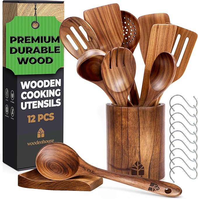 Wooden Spoons for Cooking – Wooden Cooking Utensils Set with Holder, Spoon Rest & Hooks, Teak Wood Nonstick Kitchen Cookware – Durable Set of 12pcs by Woodenhouse-Ruum Studio Home