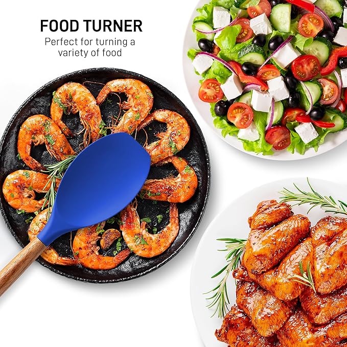 Zulay Kitchen Non-Stick Silicone Cooking Utensils Set with Acacia Wood Handles - 5 Piece Set - Heat Resistant to 464F - Dark Blue-Ruum Studio Home