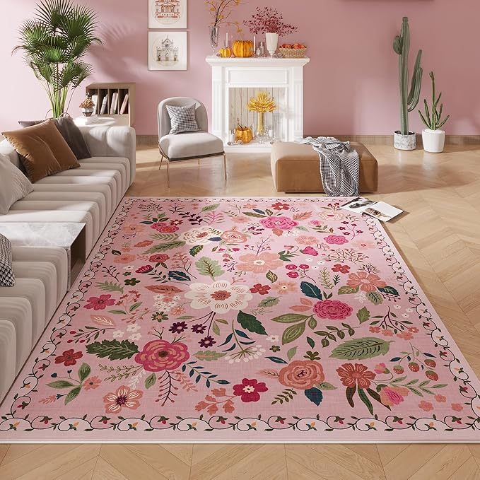 Area Rugs 8x10 Rug for Living Room Clearance Washable Boho Area Rug Non Slip Floral Vintage Low Pile Large Rug for Living Room, Bedroom, Farmhouse, Dining Room, Kids Playroom(Pink)-Ruum Studio Home