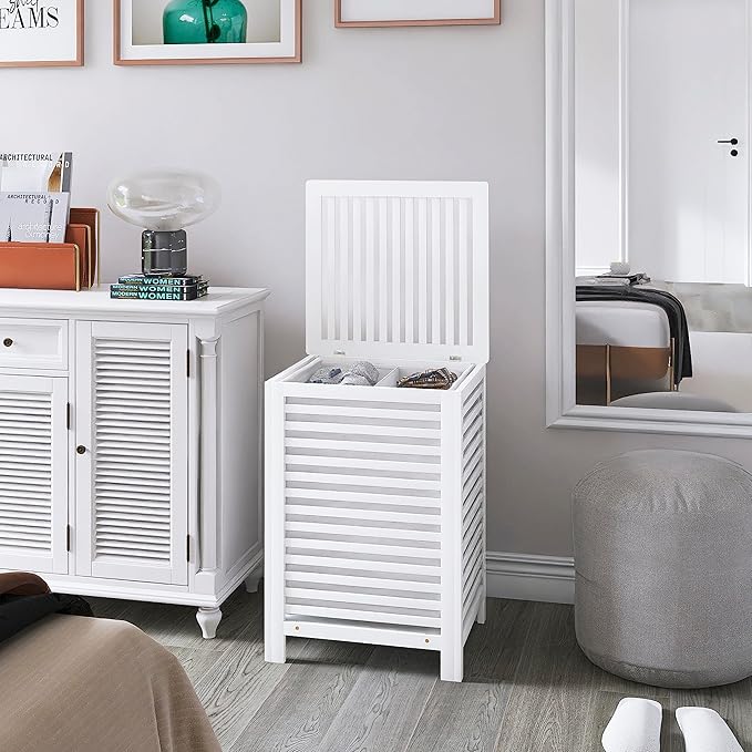 SMIBUY Double Laundry Hamper with Lid, 120L Bamboo Laundry Basket with Removable Liner Bag, 2-Section Clothes Divider Laundry Sorter for Laundry Room, Bathroom, Bedroom (White)-Ruum Studio Home