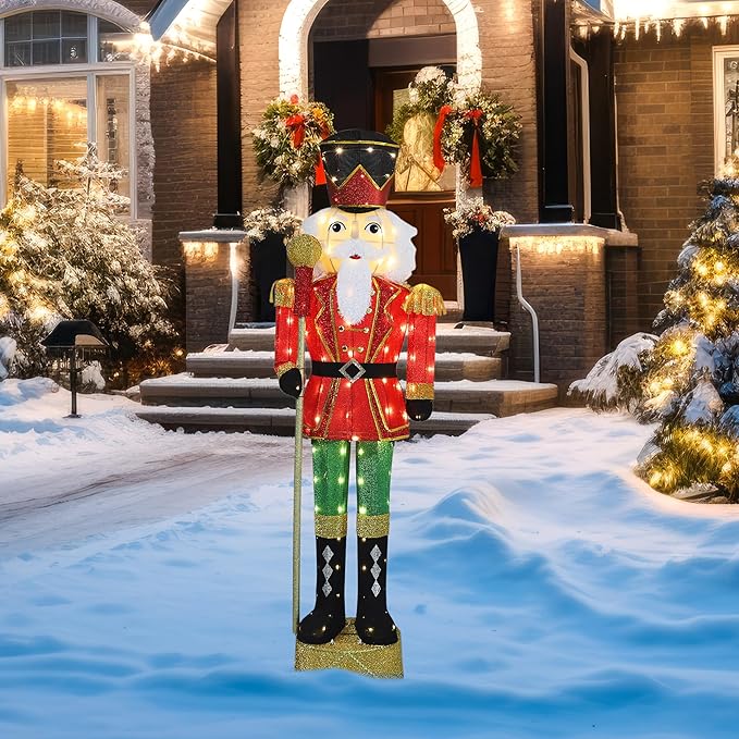 5.9FT Lighted Nutcracker with Mace for Christmas Decoration, 3D Pre-Lit Iridescent Soldier Xmas Decor with 100 Warm White Lights, Glittered Standing Holiday Display for Outdoor, Indoor-Ruum Studio Home