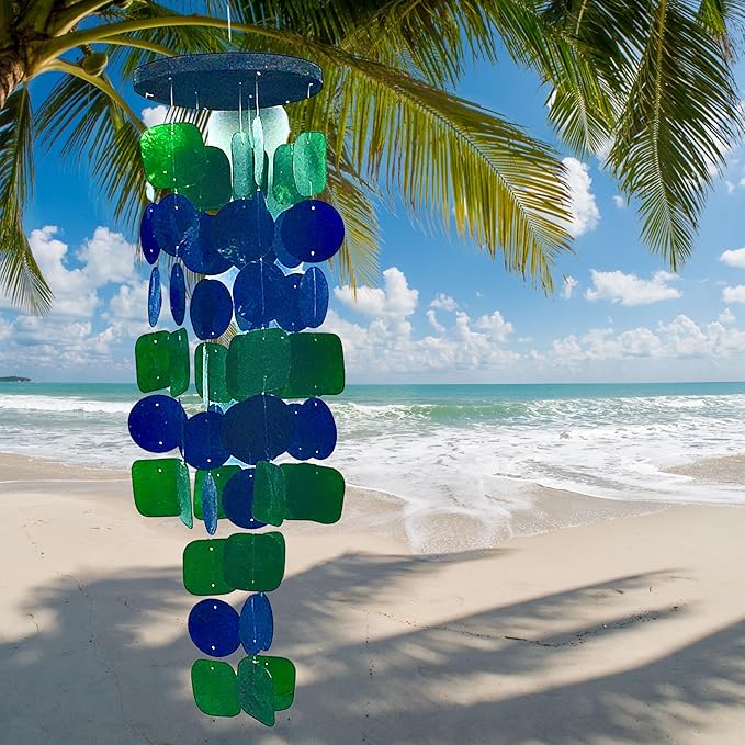 Bellaa 24858 Wind Chimes Outdoor, Garden Decorations, Musical, Indoor/Outside Windchimes, Beach, Ocean Breeze, Gifts for Mom, Gift for All Occasions, Capiz Sea Glass Shells Wood 27 inch Green Blue-Ruum Studio Home