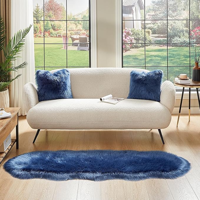 AMTOVO Faux Sheepskin Rug, Dark Blue Ultra Soft Fluffy Shag Area Rug, 2 x 6 ft Faux Fur Rug for Bedroom Sofa Throw Cushion Room Decor, Sheepskin-Ruum Studio Home