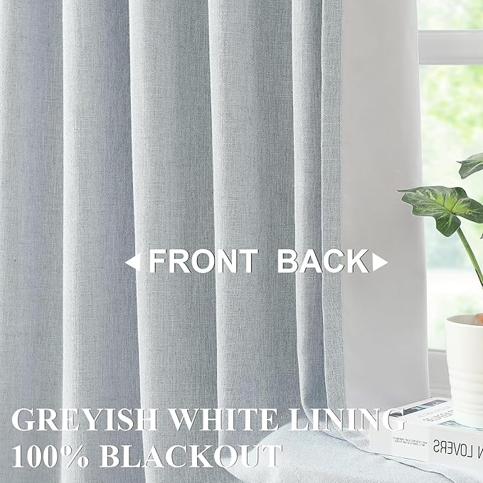 Vision Home Blue Gray Pinch Pleated Full Blackout Curtains Linen Blended Room Darkening Window Curtains 95 inch for Living Room Bedroom Thermal Insulated Pinch Pleat Drapes with Hooks 40" Wx95 Lx2