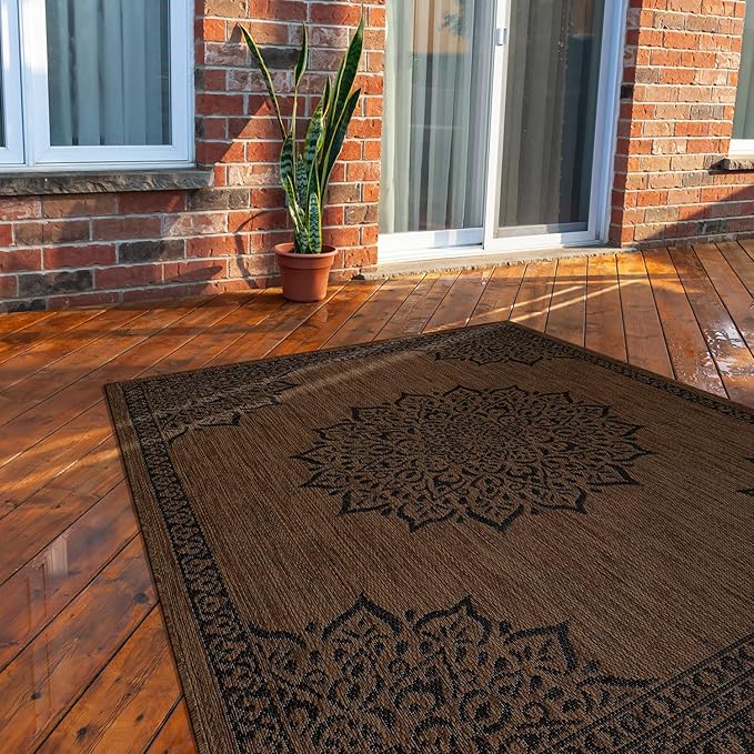 CAMILSON Outdoor Rug, 10x14 Medallion Nut Brown Black Modern Area Rugs for Large Indoor and Outdoor Patios, Kitchen and Hallway Mats, Washable Porch Deck Outside Carpet (Nut Brown Black, 10 x 14)-Ruum Studio Home