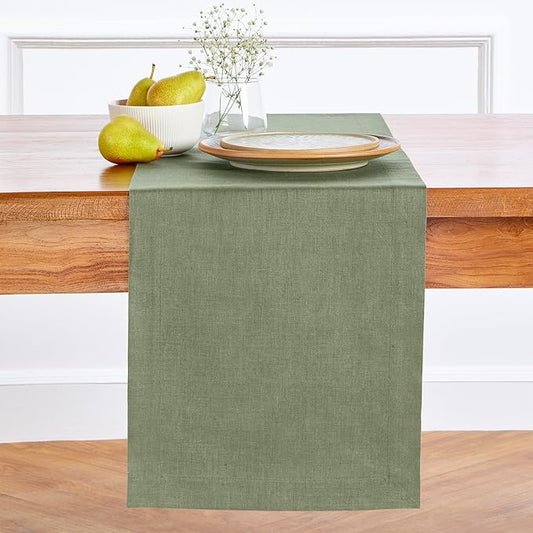 Solino Home Linen Oil Green Table Runner 132 Inches Long - 100% Pure Linen Extra Long Table Runner 14 x 132 Inch for Fall, Autumn, Thanksgiving - Fete-Ruum Studio Home