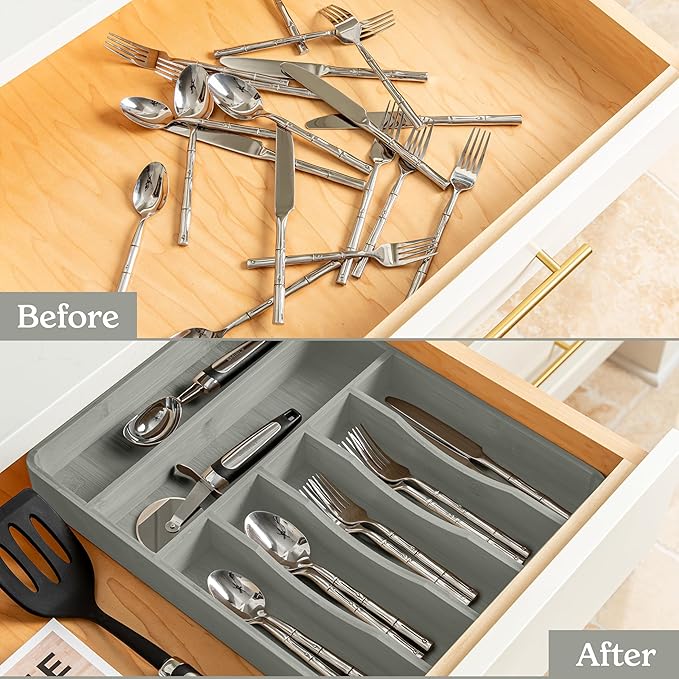 SMIRLY Silverware Drawer Organizer – Bamboo Kitchen Drawer Organizer, Adjustable Utensil Holder and Cutlery Tray, Drawer Dividers for Flatware and Kitchen Utensils-Ruum Studio Home