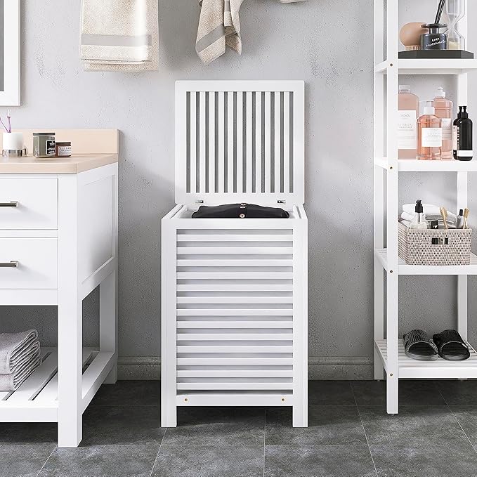 SMIBUY Double Laundry Hamper with Lid, 120L Bamboo Laundry Basket with Removable Liner Bag, 2-Section Clothes Divider Laundry Sorter for Laundry Room, Bathroom, Bedroom (White)-Ruum Studio Home