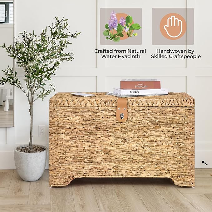 Handwoven Storage Basket with Lid, 165L Wicker Storage Bin, Natural Water Hyacinth, Leather Buckle & Metal Frame, Metal Ring Handles for Easy Transport, Storage Chest & Trunk for Bedroom, Living Room-Ruum Studio Home