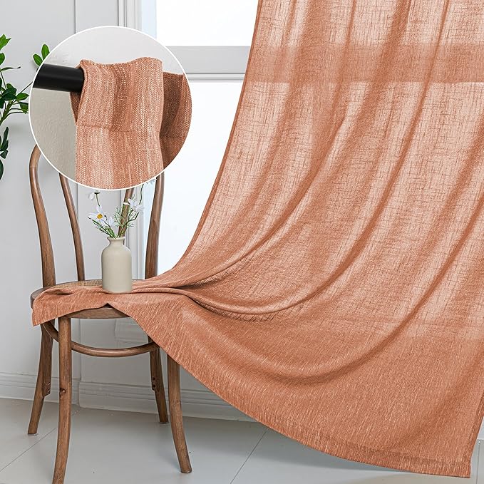 MYSKY HOME Orange Curtains for Bedroom, Short Curtains for Small Window, Boho Semi Sheer 2 Panel Set, Linen Style Texture for Closet/Kitchen, 50"x63", Burnt Orange-Ruum Studio Home