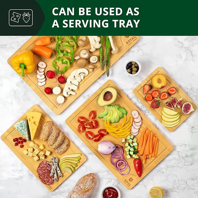 ROYAL CRAFT WOOD Wooden Cutting Boards for Kitchen Meal Prep & Cutting - Bamboo Wood Cutting Board Set with Deep Juice Groove Side Handles - Charcuterie & Chopping Butcher Block for Meat (4 Pcs)-Ruum Studio Home