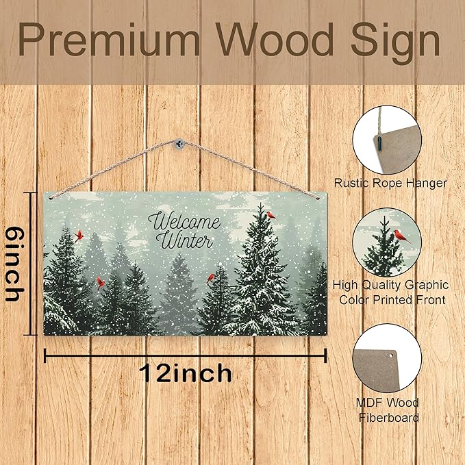 Welcome Winter Hanging Wooden Signs 12x6, Pine Tree Decor, Winter Door Decorations, Winter Door Sign, Snowflake Pine Trees Birds Home Room Office Hanging Wall Decor-Ruum Studio Home