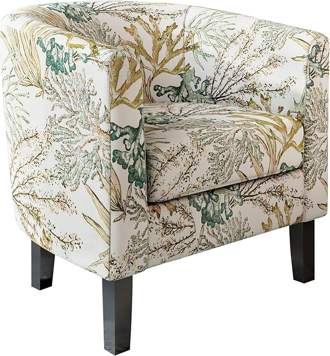 BELLEZE Living Room Chair, Linen Round Accent Barrel Chair, Club Tub Sofa Chair for Bedroom, Corner Chair with Flared Legs and Cozy Soft Padding - Highland (Green Coral)-Ruum Studio Home