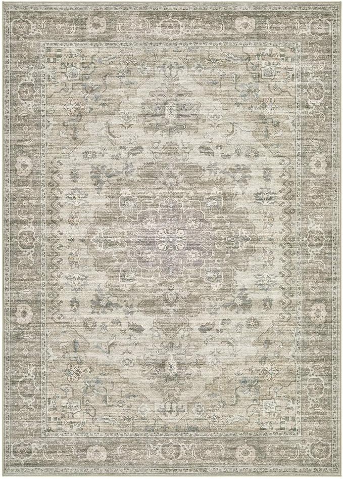Washable Area Rugs for Living Room -9x12 Neutral Vintage Distressed Floral Farmhouse Boho Large Soft Floor Rug Indoor Non Slip Carpet for Living Room Bedroom Dining Room Office - Brown/Tan-Ruum Studio Home