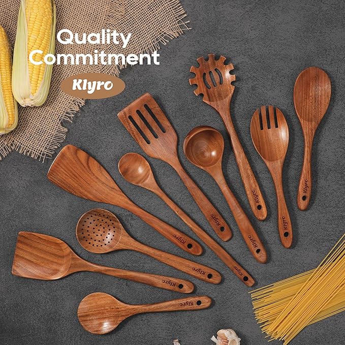 Teak Wooden Cooking Utensils Set, 10 Piece Premium Kitchen Cookware, Non-Scratch Wooden Spoons for Cooking, Perfect for Cooking and Serving-Ruum Studio Home
