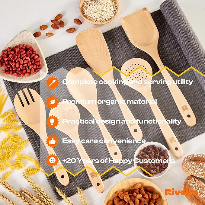 Riveira Maple Wooden Spoons for Cooking Set of 6 – Natural Maple Wooden Cooking Utensils, Wooden Spatula, Wooden Spoon - Premium Quality Wooden Utensil Set for Non-Toxic Cooking-Ruum Studio Home