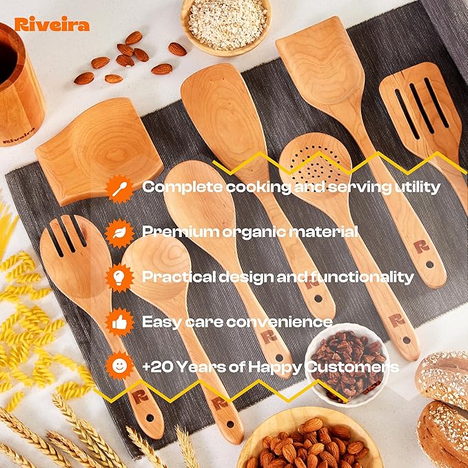 Riveira Cherry Wooden Spoons for Cooking Set of 9 – Natural Cherry Wooden Cooking Utensils, Wooden Spatula, Wooden Spoon - Premium Quality Wooden Utensil Set for Non-Toxic Cooking-Ruum Studio Home
