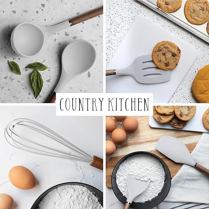 Country Kitchen Non Stick Silicone Utensil Set with Rounded Wood Handles for Cooking and Baking, 8 Piece Set, White-Ruum Studio Home