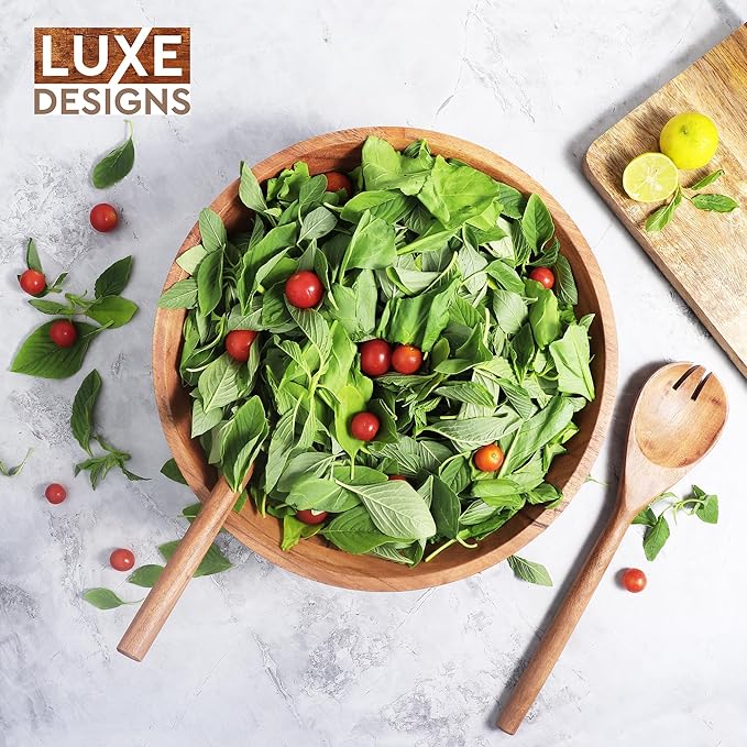 Luxe Designs Wooden Salad Bowl Set - Food Safe & Sustainable Decorative Bowl - Wood Bowl for Fruits, & Salads - Easy to Clean Large Salad Bowls Set w/Spoon, Fork – Wooden Bowls for Food (Natural)-Ruum Studio Home