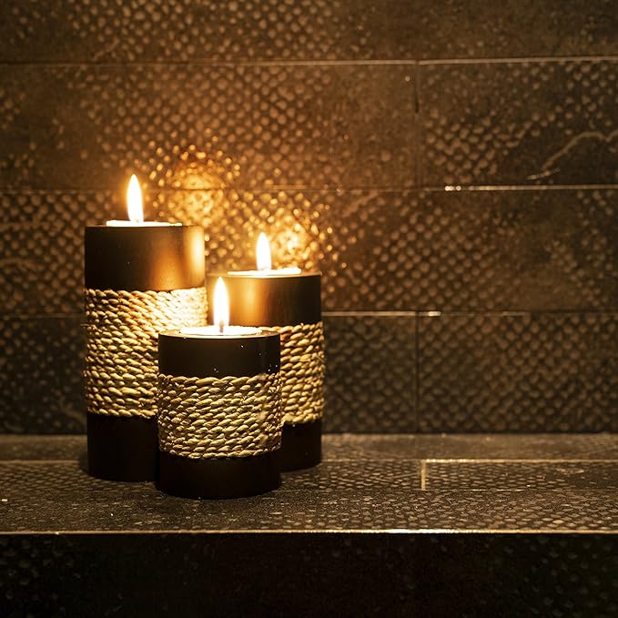 IYARA CRAFT Tealight Candle Holders with Tray – Set of 3 Handmade Wooden Candle Holders with Natural Rope Accent – Rustic Black Decor for Table Centerpiece, Office or Gift-Ruum Studio Home