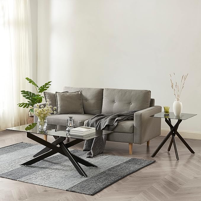 Modern Style Square Side Table with Grey Tempered Glass Top and Black Metal Tubular Legs with Gold Rim 20”Dx20”Wx22”H-Ruum Studio Home