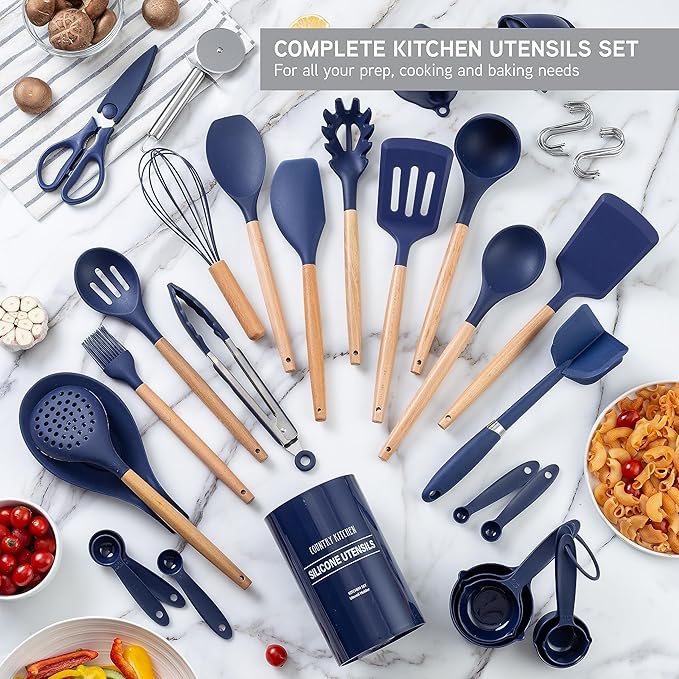 Country Kitchen Non Stick Silicone Utensil Set with Rounded Wood Handles for Cooking and Baking, 38 Piece Set, Navy-Ruum Studio Home