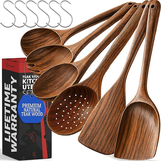 PriorityChef Premium Wooden Spoons for Cooking - 6pc Smooth Finish Teak Wooden Utensil Set with Hanging Hooks, Heat-Resistant & Nonstick Safe, Ideal for Gifting-Ruum Studio Home