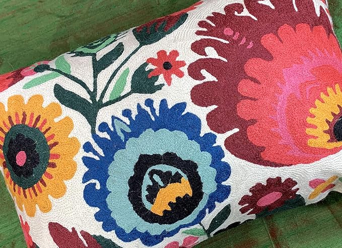 Lumbar Cream Floral Pillow Cover Polish Flower Accent Chair Pillowcase Couch Modern Farmhouse Couch Cushion Hand Embroidered Wool Size 14x20 Inch-Ruum Studio Home