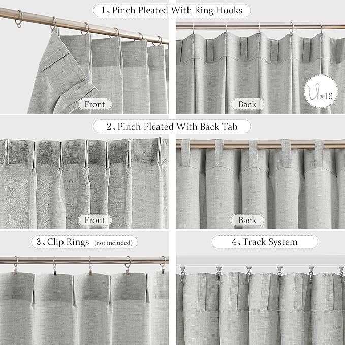 FMFUNCTEX Pinch Pleated Curtains 96 Inches Long for Living Room, Grey Semi Sheer Faux Linen Textured Pleat Drapes for Bedroom with Hooks, Light Filtering Farmhouse Window Drapes 2 Panels-Ruum Studio Home