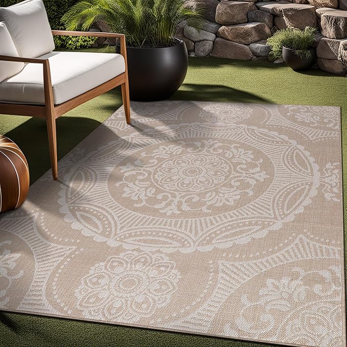 Medallion Outdoor Rug 9x12 Washable Outside Carpet for Indoor Patio Porch Waterproof Easy Cleaning Non Shedding Area Rugs Beige 9 x 12-Ruum Studio Home