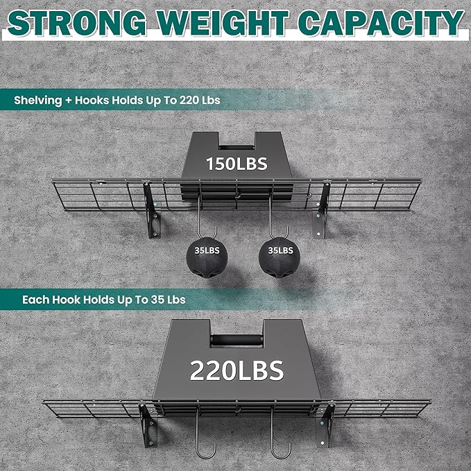 EVERHANGER Garage Wall Shelves, 12 X 48 Inch Wall Mounted Storage Shelves, Heavy Duty Metal Shelving with Hooks, 2 Pack, Black-Ruum Studio Home