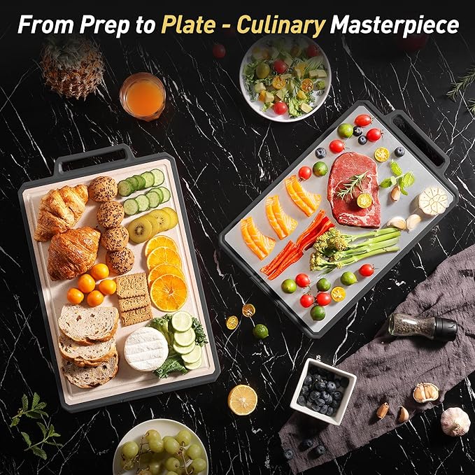 Titanium Cutting Boards for Kitchen Non Toxic Chopping Board with Handle Large Big Small Kitchen Meat Butcher Block 2 in 1 Pure Titanium and Wheat Straw PP Not Wood Bamboo Plastic Teak Grey/Beige-Ruum Studio Home