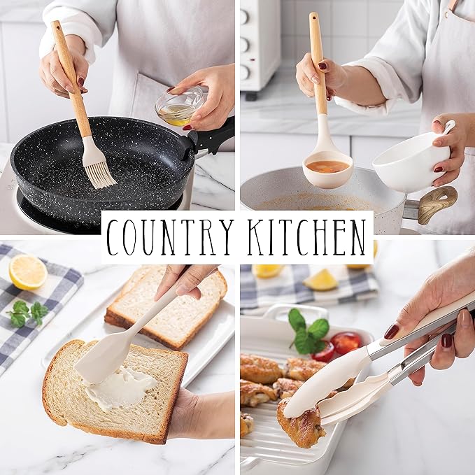 Country Kitchen Non Stick Silicone Utensil Set with Rounded Wood Handles for Cooking and Baking, 14 Piece Set, Khaki-Ruum Studio Home