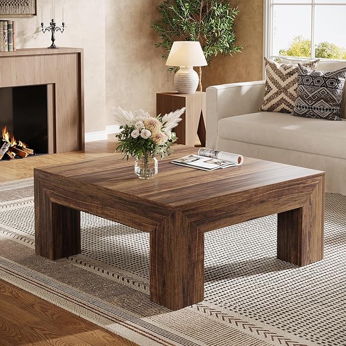 Tribesigns 39.4-Inch Square Coffee Table for Living Room, Farmhouse All MDF Accent Center Cocktail Table with Sturdy Wooden Legs, Easy Assembly, Dark Brown-Ruum Studio Home