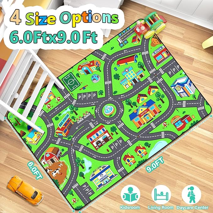 Kids Rug, City Road Rug for Kids,6x9 Ft Car mats for Toy Cars, Realistic Colors Perfect for Children and Baby Play Mat, Non-Slip Classroom Carpet-Ruum Studio Home
