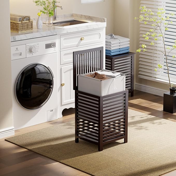 SMIBUY Double Laundry Hamper with Lid, 120L Bamboo Laundry Basket with Removable Liner Bag, 2-Section Clothes Divider Laundry Sorter for Laundry Room, Bathroom, Bedroom (Dark Brown)-Ruum Studio Home