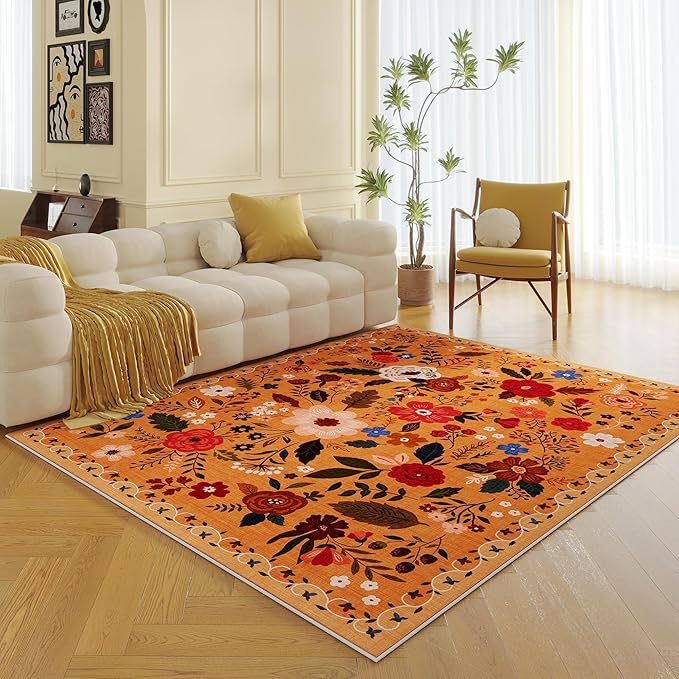 Living Room Rug 5x7 Rug Machine Washable Boho Area Rug Non Slip Floral Vintage Low Pile Large Rugs for Living Room, Bedroom, Farmhouse, Dining Room, Kids Playroom(Yellow)-Ruum Studio Home