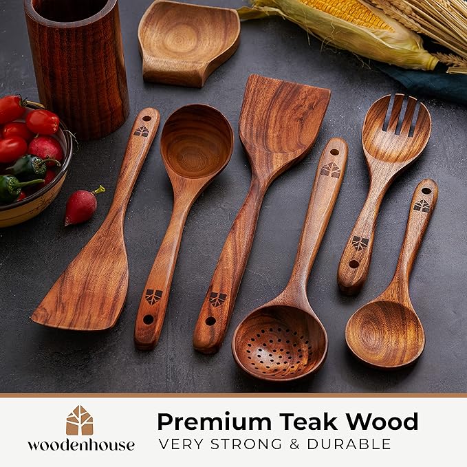 8 Pcs Teak Wooden Utensil Set with Holder, Spoon Rest & 6 Hooks - Durable Wooden Spoons for Cooking with Comfort Grip - Effortless Clean, Non-Stick Friendly-Ruum Studio Home
