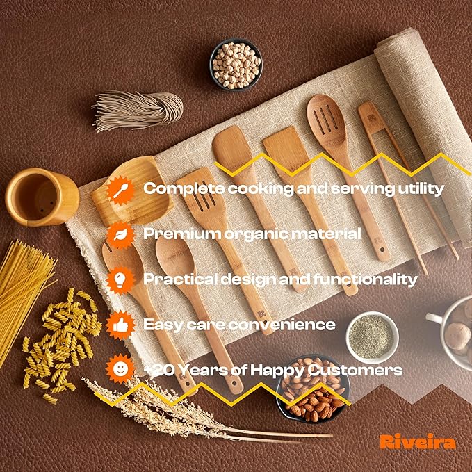 Riveira Dark Bamboo Wooden Spoons for Cooking 9-Piece with Holder, Apartment Essentials Wood Spatula Spoon Nonstick Kitchen Utensil Set Premium Quality Housewarming Gifts for Everyday Use-Ruum Studio Home