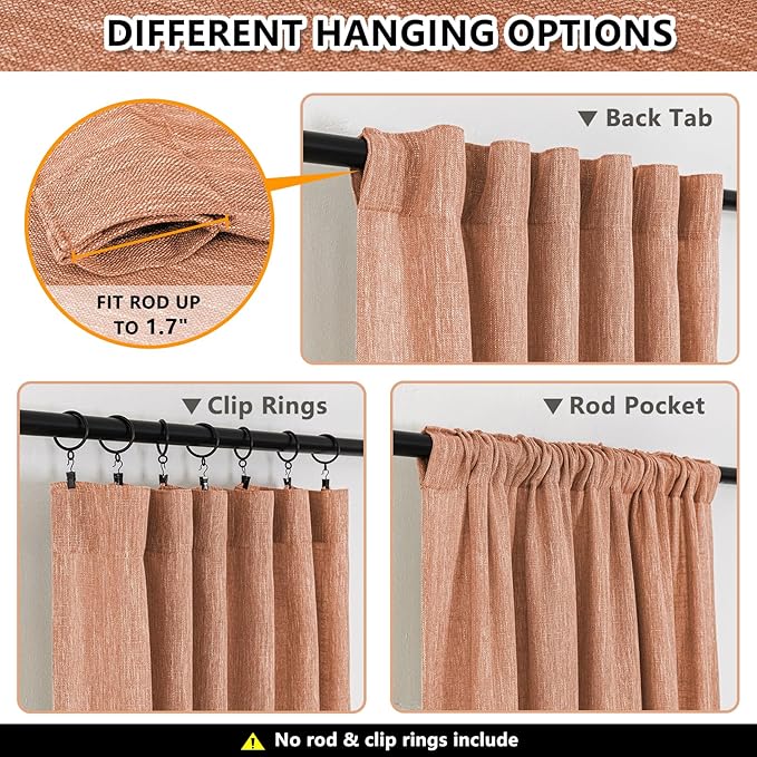 MYSKY HOME Orange Curtains for Bedroom, Short Curtains for Small Window, Boho Semi Sheer 2 Panel Set, Linen Style Texture for Closet/Kitchen, 50"x63", Burnt Orange-Ruum Studio Home