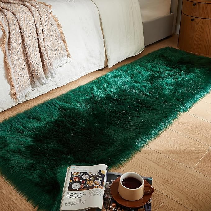 AMTOVO Faux Fur Rug, Dark Green Ultra Soft Fluffy Shag Sheepskin Rug, 2 x 6 ft Runner Area Rugs for Bedroom Sofa Throw Cushion Room Decor, Rectangle-Ruum Studio Home
