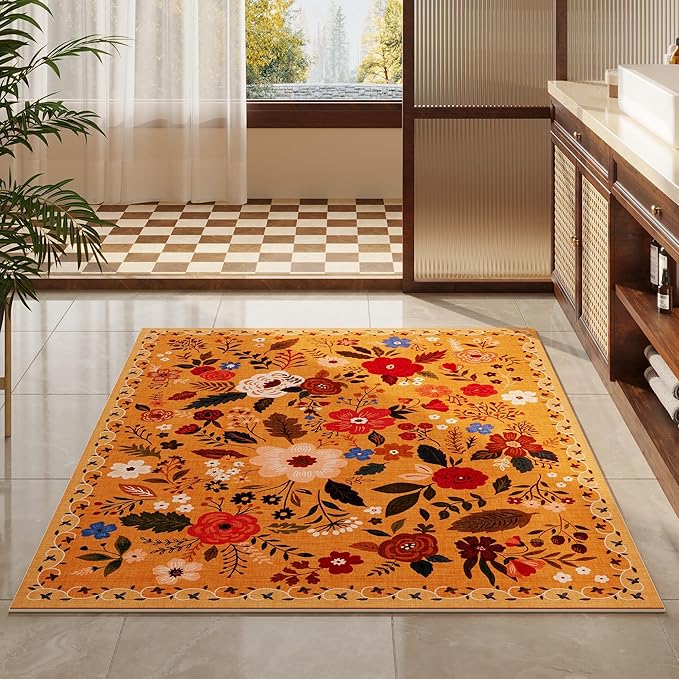 Bedroom Rug 3x5 Rug Washable Area Rug Non Slip Low Pile Boho Floral Small Carpet for Bedroom, Bedside, Kitchen, Entryway, Kids Room, Office, College Dorm Essentials for Girls(Yellow)-Ruum Studio Home