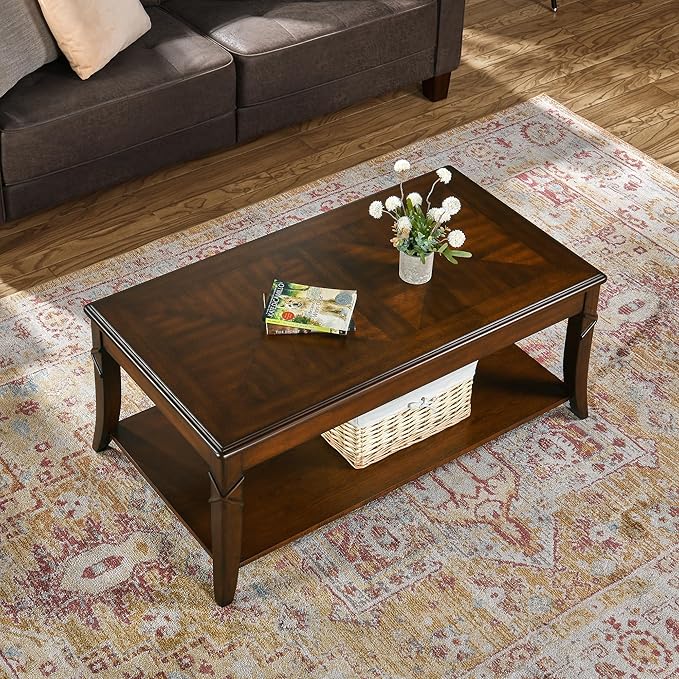 Solid Wood Coffee Table with Storage Shelf, Mid-Century Living Room Tables with Carved Tabletop and Leg, 43.3” Splicing Cocktail Center Sofa Table, Cherry Brown KFZ-DR200-Ruum Studio Home