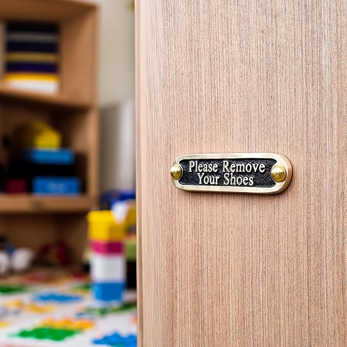 Please Remove Your Shoes Brass Door Sign. Traditional Style Home Décor Wall Plaque Handmade By The Metal Foundry UK.-Ruum Studio Home
